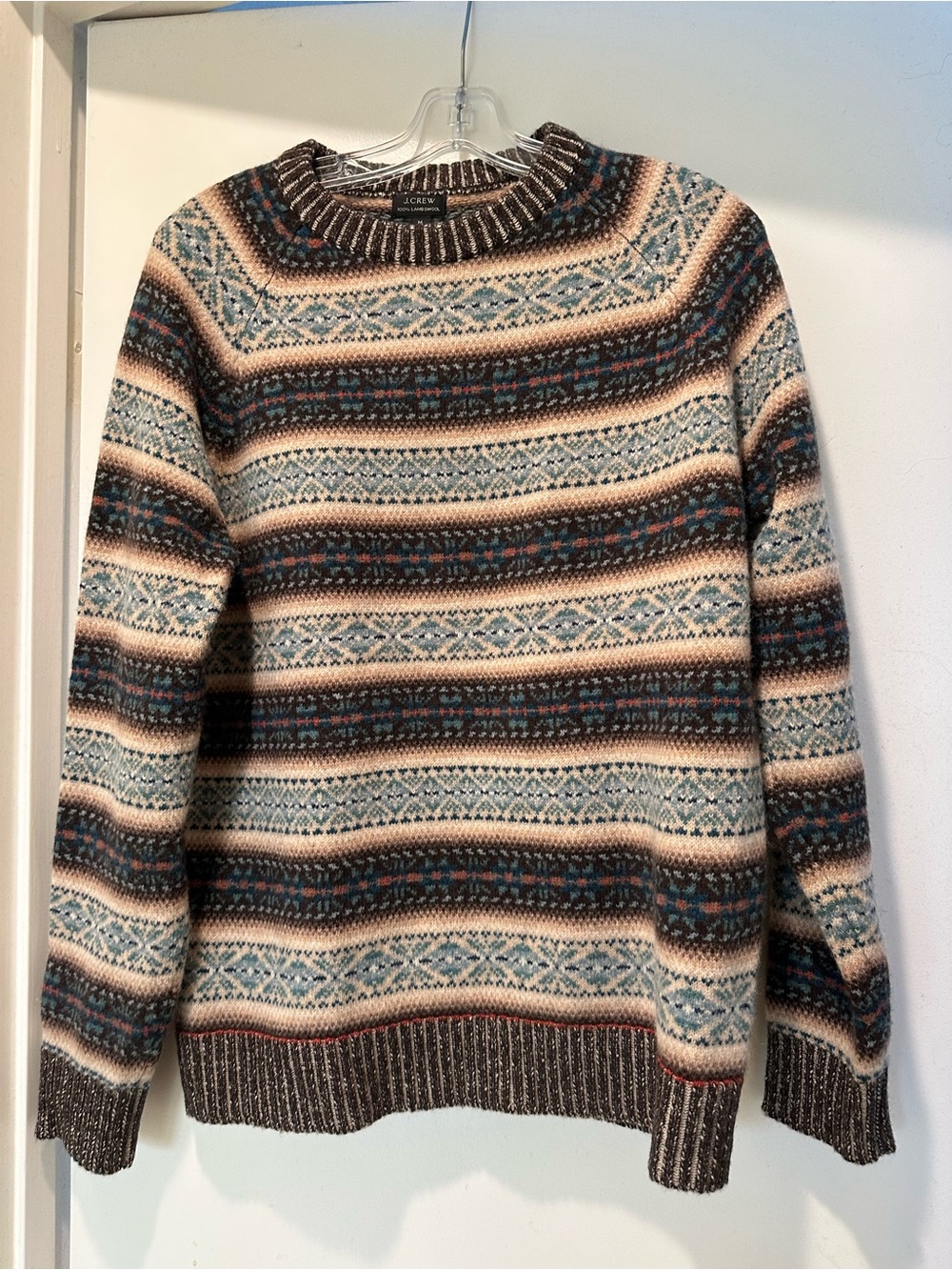 J. Crew Men’s Fair Isle Crewneck Lambswool Sweater — Brown, Cream & Blue Medium